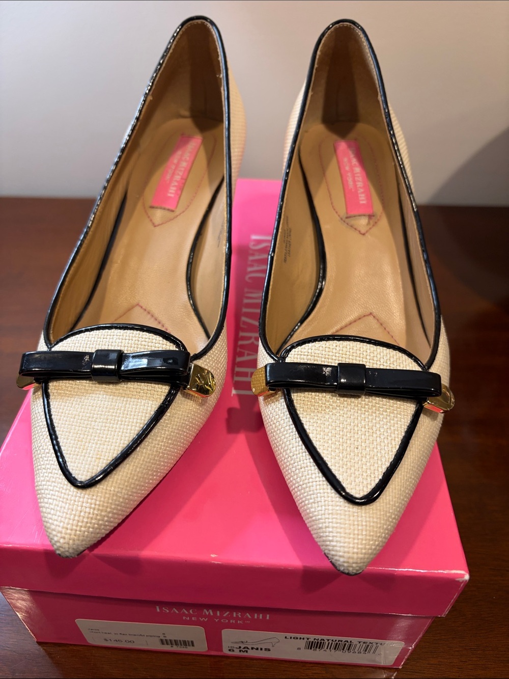 Isaac Mizrahi Cream Pointed-Toe Flats with Black Trim and Bow